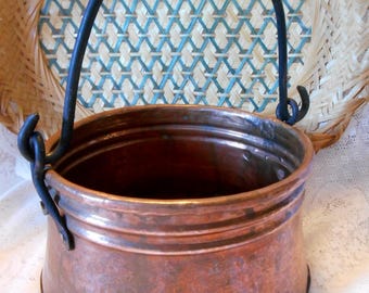 Antique Hand Forged French Berry Gathering Bucket, Rolled Edge Construction, Iron Bale, Copper Rivets, Rustic Banded Design, 6 1/2&quot; x 3 1/2&quot;