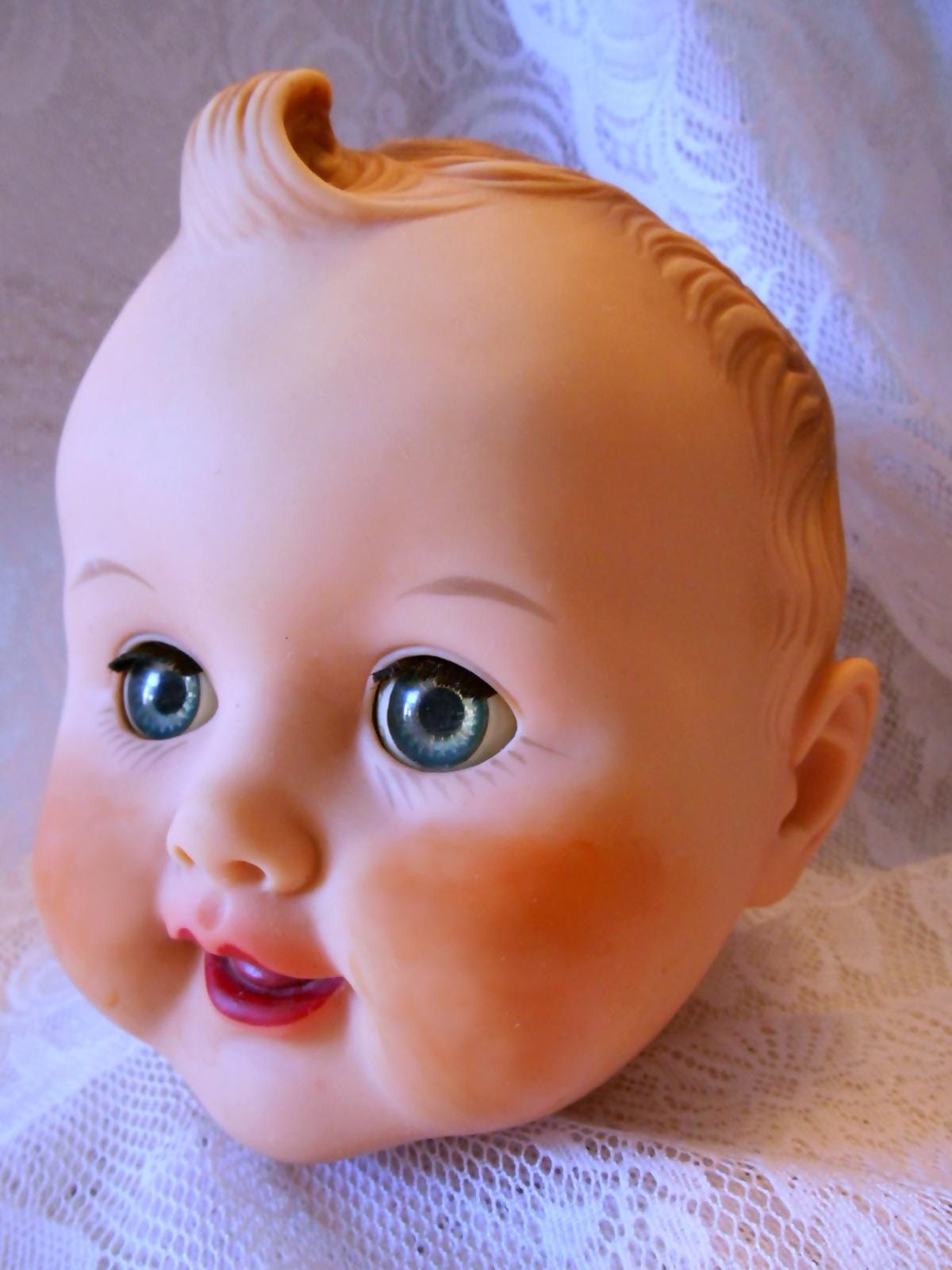 Vintage 1940's Unmarked Little Boy, Toddler Head Only, for 22" to 24" Doll, Blue Sleep Eyes, Rosy Cheeks, Molded Hair, Soft Vinyl