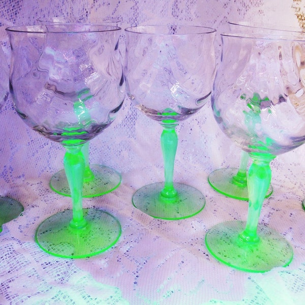 SEVEN Lovely Vintage, Swirl Pattern Wine Glasses, Vaseline, Uranium Glass Stems, Bases, Clear to Green