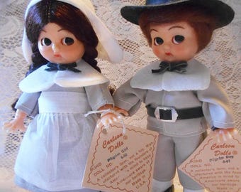 Pair of Adorable Vintage 1960&#39;s Pilgrim, Big or Wide Eyed Carlson Novelty, Souvenir Dolls with Tags, Sleep Eyes, Minty Condition