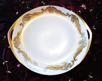 RARE 1890&#39;s, Free Hand, Hand Painted, Signed, Mission Era Rosenthal Serving Plate, Pierced Handles, Gold Arts and Crafts Design, Bavaria