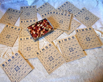 Vintage Bingo, Complete Set of Embossed Wood Letter/Number Tiles, Ample Marker Tiles and 20 Bingo Cards, Guaranteed To Be Old, Let&#39;s Play!