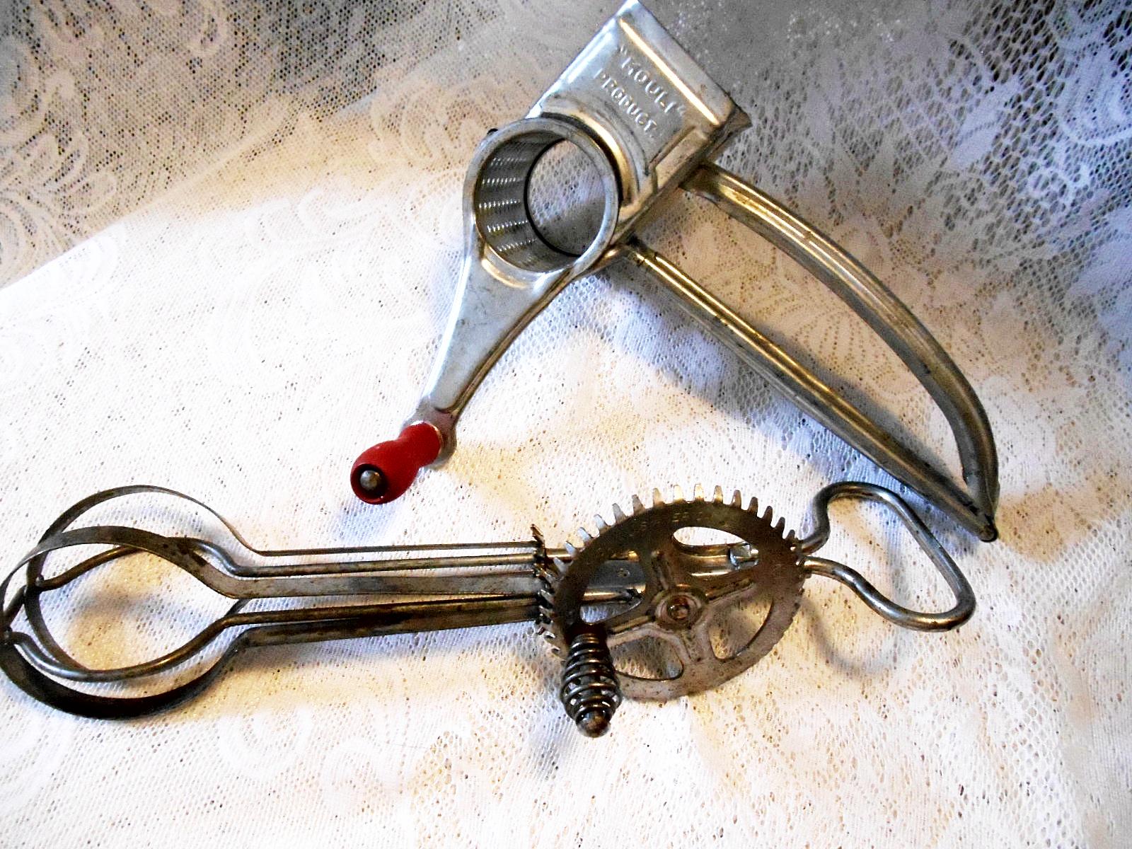 Vintage All Metal, 1930's American Made Egg Beater with a Spring Handle and a 1950's Mouli Grater with a Red Wooden Handle, Made in France