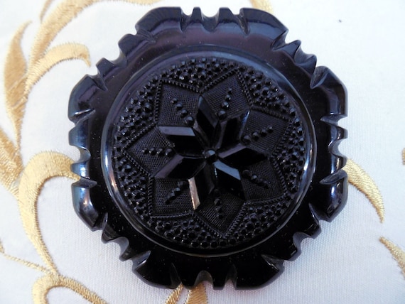 Antique, Carved Black Jet Mourning Jewelry Brooch… - image 1