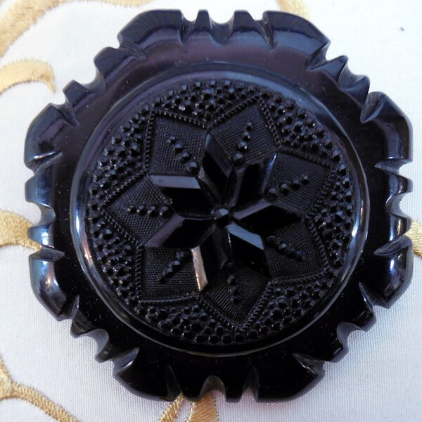 Antique, Carved Black Jet Mourning Jewelry Brooch, Goth, Gothic, Victorian, 2 1/2", Excellent Condition