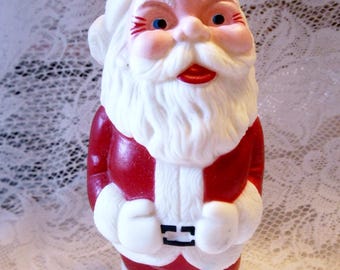 SEVEN Vintage Christmas Candy Containers, Mechanical Santas, A Squeaker and A Lighted Musical Tree Ornament, Santa Clause & Sock Monkey Toys