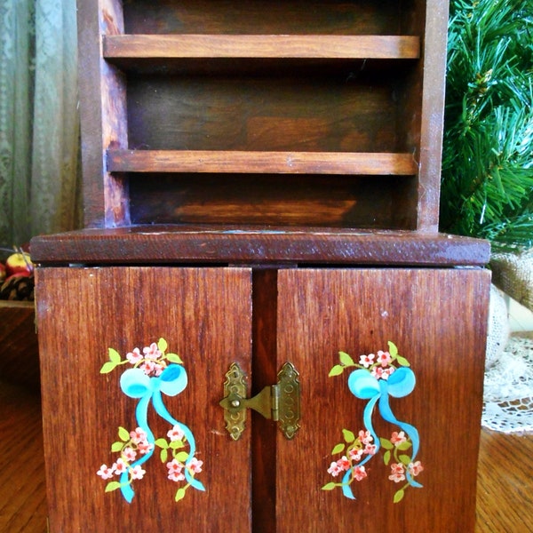 Vintage 1980's Hand Painted Mahogany, Miniature Doll Furniture, Handmade Country Farm Table, Two Chairs, China Cabinet, Ribbons Pink Daisies