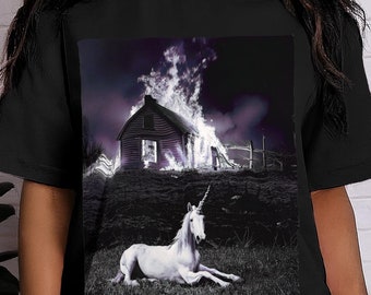 Evil Unicorn Shirt Burning House Fantasy Eerie Surreal Funny T-Shirt Dark Aesthetic Graphic Tee