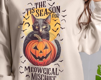 Vintage Black Cat Halloween-sweater Griezelige pompoen en vleermuizen gezellige herfsttrui dit is het seizoen voor Meowgical kattenkwaad retro ronde hals