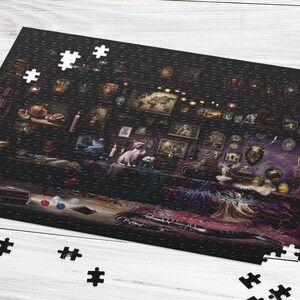 May include: A black and white jigsaw puzzle with a dark, mysterious room filled with framed pictures, candles, and other objects. The puzzle is 16 inches by 20 inches.
