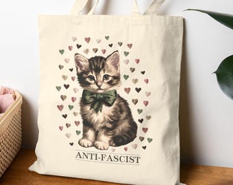 Anti-fascist Cute Kitten Tote Bag Vintage Grandma Aesthetic Cat Gift For Her Adorable Activism and Shopping
