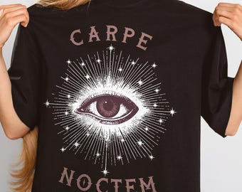 Carpe Noctem Shirt, Vintage Occult Third Eye Celestial Graphic Tee, Gothic Tarot Lover Latin Seize the Night Quote Top
