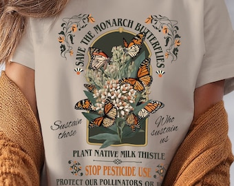 Vintage Butterfly Shirt Save The Monarch Butterflies Floral Conservation T-Shirt Gift for Environmental Activist Top Protect Our Pollinators