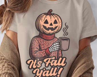 It’s Fall Y’all Shirt Pumpkin Head Pumpkin Spice Coffee Lover Tee Cute Cozy Halloween Fall Aesthetic T-Shirt for Spooky Season