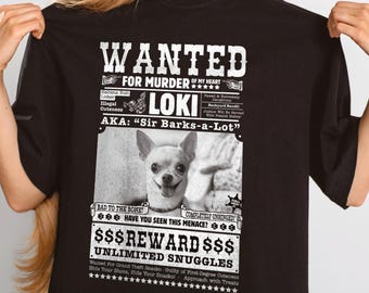 Custom Pet T-Shirt Wanted Poster Western Pet Lover Tee Funny Personalized Vintage Cowboy Style Dog Gift
