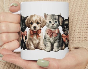 Cute Puppies and Kittens Mug Vintage Cottagecore Angelic Baby Animal Drink Cup Cat and Dog Lover Ceramic Mug Gift for Mom or Pet Owner