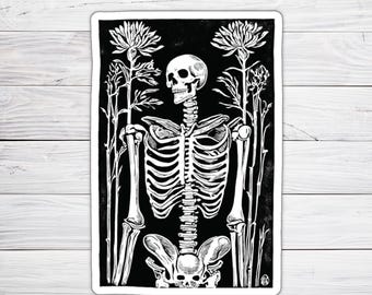 Creepy Skeleton Linoncut Sticker Gothic Art for Horror and Dark Art Lovers Macabre Anatomical Skull Laptop or Phone Decal