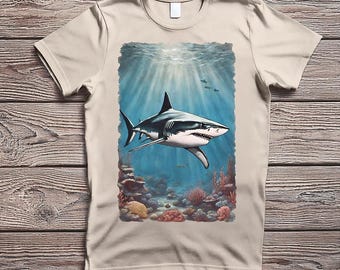 Vintage Shark Shirt Retro Ocean Graphic Tee with Coral Marine Life T-Shirt Sea Lover Gift Underwater Shark Illustration Top