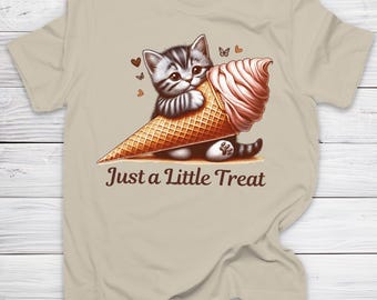 Just a Little Treat Cat T-Shirt Cute and Funny Dessert Lover Shirt for Cat Mom Adorable Vintage Ice Cream Kitten Tee