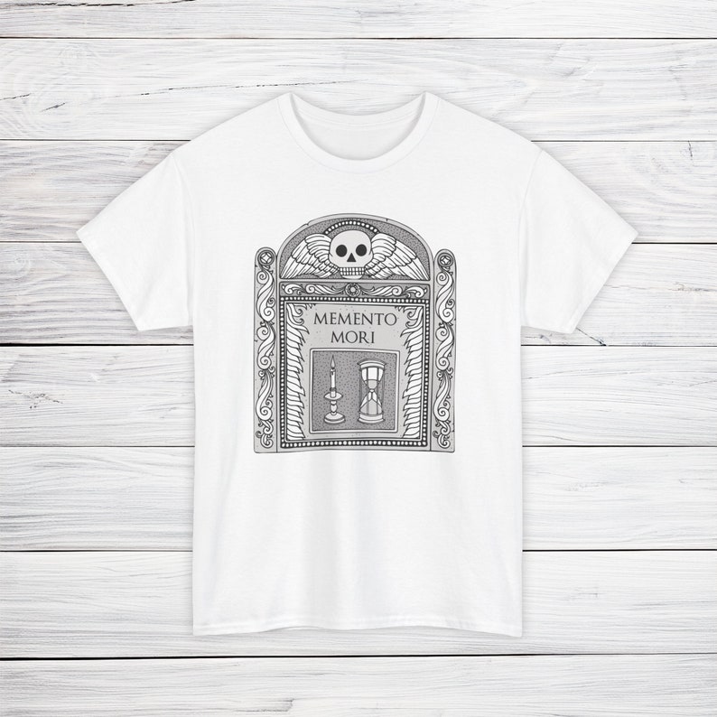 Illustration of a grave stone from the 1800s with a skull, candle, and hourglass on it. States Memento Mori. Design on a t-shirt.