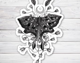 Mystical Lunar Moth Sticker Dark Pagan Crescent Moon Art Decal Creepy Occult Evil Eye Aesthetic Laptop Sticker