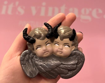 Adorno De Cerámica Vintage Demon Twins Cherub repintado