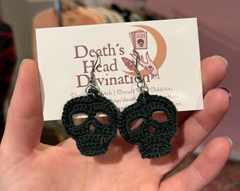 Micro Crochet Forest Green Skull Earrings Skull Bones Death Knit