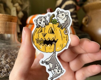 Opossums on a Jackolantern Halloween Line Art Vinyl Stickers 3”