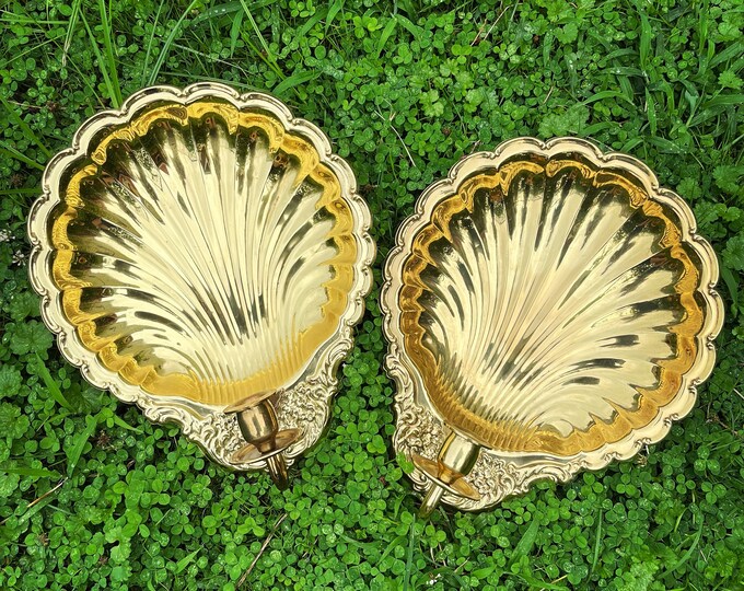 Vintage Golden Brass Clamshell Wall Sconce Pair Etsy