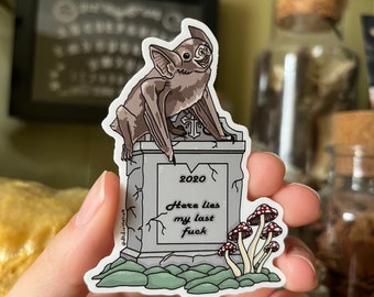 Batty Tombstone “Here Lies My Last F*ck” 2020 Halloween Line Art Vinyl Stickers 3”