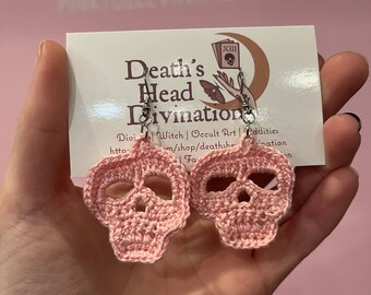 Micro Crochet Light Pink Skull Earrings Skull Bones Death Knit