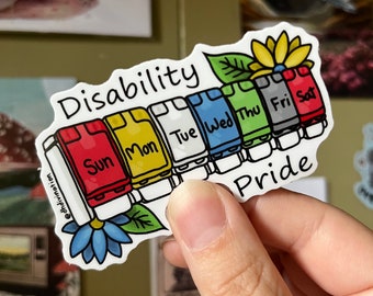 Disability Pride Flag Colors Pill Box Organizer Line Art Vinyl Stickers 3”