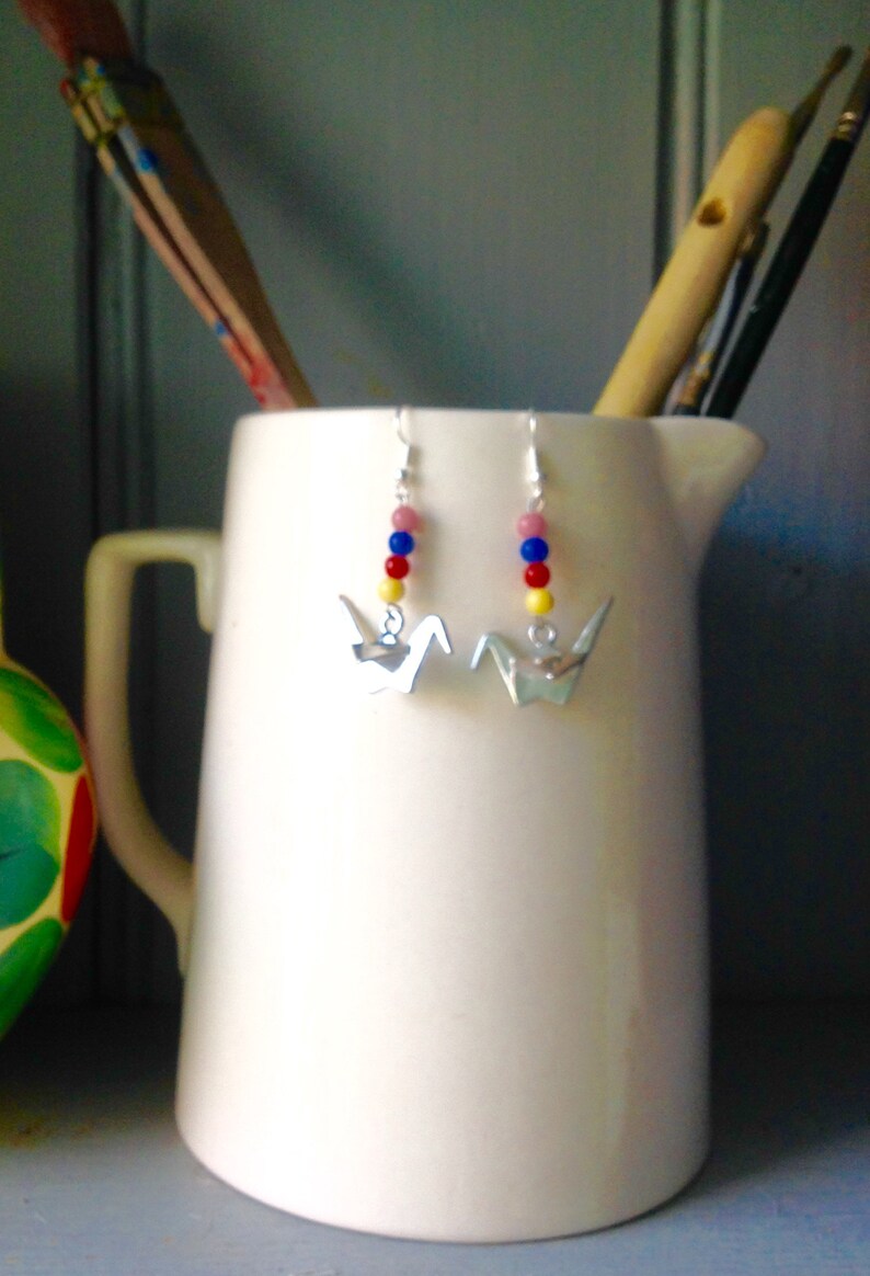 Vintage Earrings 30s Harlequin Glass Beads Bird Earrings Origami Earrings