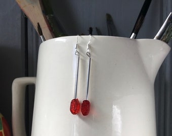 Art Deco Earrings - Sterling Silver - 1930's Red Pressed Glass Beads