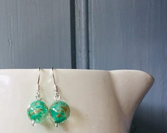 Earrings | Green Earrings | Art Deco Earrings | 1920s Green & Gold Foiled Glass Beads