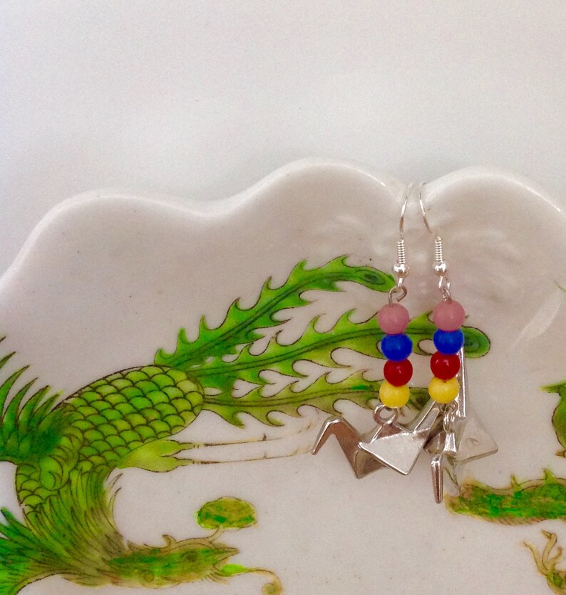 Vintage Earrings 30s Harlequin Glass Beads Bird Earrings Origami Earrings