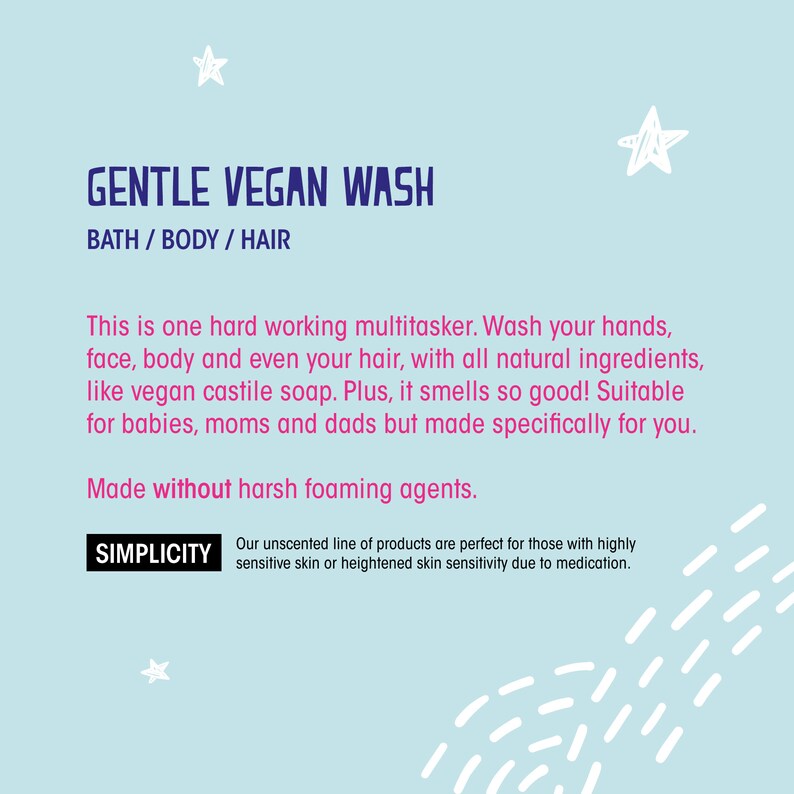 May include: A blue and white graphic with the text "GENTLE VEGAN WASH" and "BATH/BODY/HAIR" in a pink font. The text reads "This is one hard working multitasker. Wash your hands, face, body and even your hair, with all natural ingredients, like vegan castile soap. Plus, it smells so good! Suitable for babies, moms and dads but made specifically for you. Made without harsh foaming agents. SIMPLICITY Our unscented line of products are perfect for those with highly sensitive skin or heightened skin sensitivity due to medication."