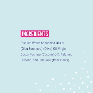 May include: A pink and blue text graphic on a light blue background lists the ingredients of a product: Distilled Water, Saponified Oils of (Olea Europaea) (Olive) Oil, Virgin Cocos Nucifera (Coconut Oil), Retained Glycerin, and Cellulose (from Plants).