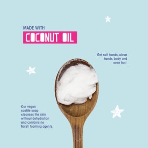 May include: A wooden spoon filled with white coconut oil. The text "MADE WITH COCONUT OIL" is in pink letters on a light blue background. The text "Our vegan castile soap cleanses the skin without dehydration and contains no harsh foaming agents." is in blue letters on a light blue background. The text "Get soft hands, clean hands, body and even hair." is in blue letters on a light blue background.