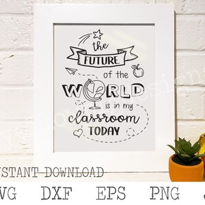 以下が含まれることがあります： 「the FUTURE of the WORLD is in my classroom TODAY」というテキストが書かれた白黒の印刷可能なデザイン。デザインには地球儀、リンゴ、紙飛行機、ハートが含まれています。