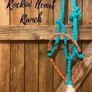 Turquoise with Southwest Print Lariat Rope Nose Muletape Halter with Matching 8’ Lead Rope Horse Halter Cowboy Tack