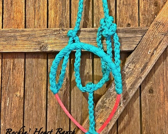 Turquoise with Hot Pink Lariat Rope Nose Muletape Halter with Matching 8’ Lead Rope