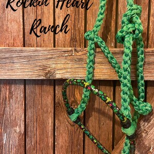 Green with Cactus Print Lariat Rope Nose Muletape Halter with Matching 8’ Lead Rope