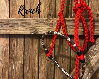 Red with Cow Print Lariat Rope Nose Muletape Halter with Matching 8’ Lead Rope