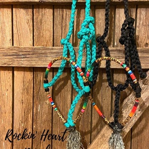 Turquoise with Cheetah and Serape Lariat Rope Nose Muletape Halter with Matching 8’ Lead Rope