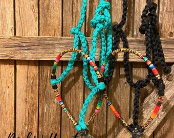 Turquoise with Cheetah and Serape Lariat Rope Nose Muletape Halter with Matching 8’ Lead Rope