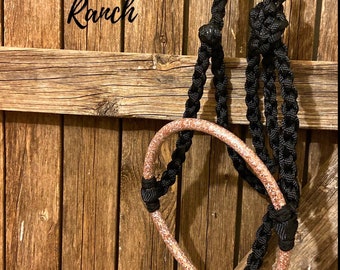Black with Rose Gold Glitter Lariat Rope Nose Muletape Halter with Matching 8’ Lead Rope