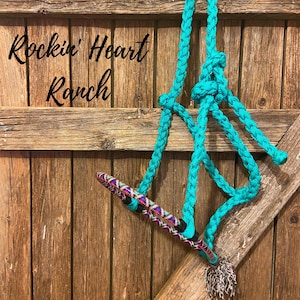Turquoise with Southwest Print Lariat Rope Nose Muletape Halter with Matching 8’ Lead Rope