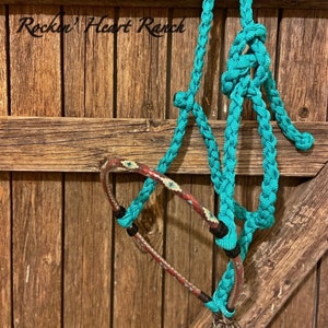 May include: A turquoise braided rope halter with a brown and white braided rope tie. The halter is hanging on a wooden fence with the text "Rockin' Heart Ranch" visible.