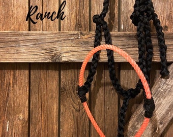 Black with Coral Orange Lariat Rope Nose Muletape Halter with Matching 8’ Lead Rope